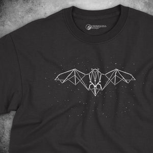 black t-shirt with stars and a bat constellation